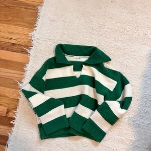 Lush Green and Cream Striped V-Neck Sweater
